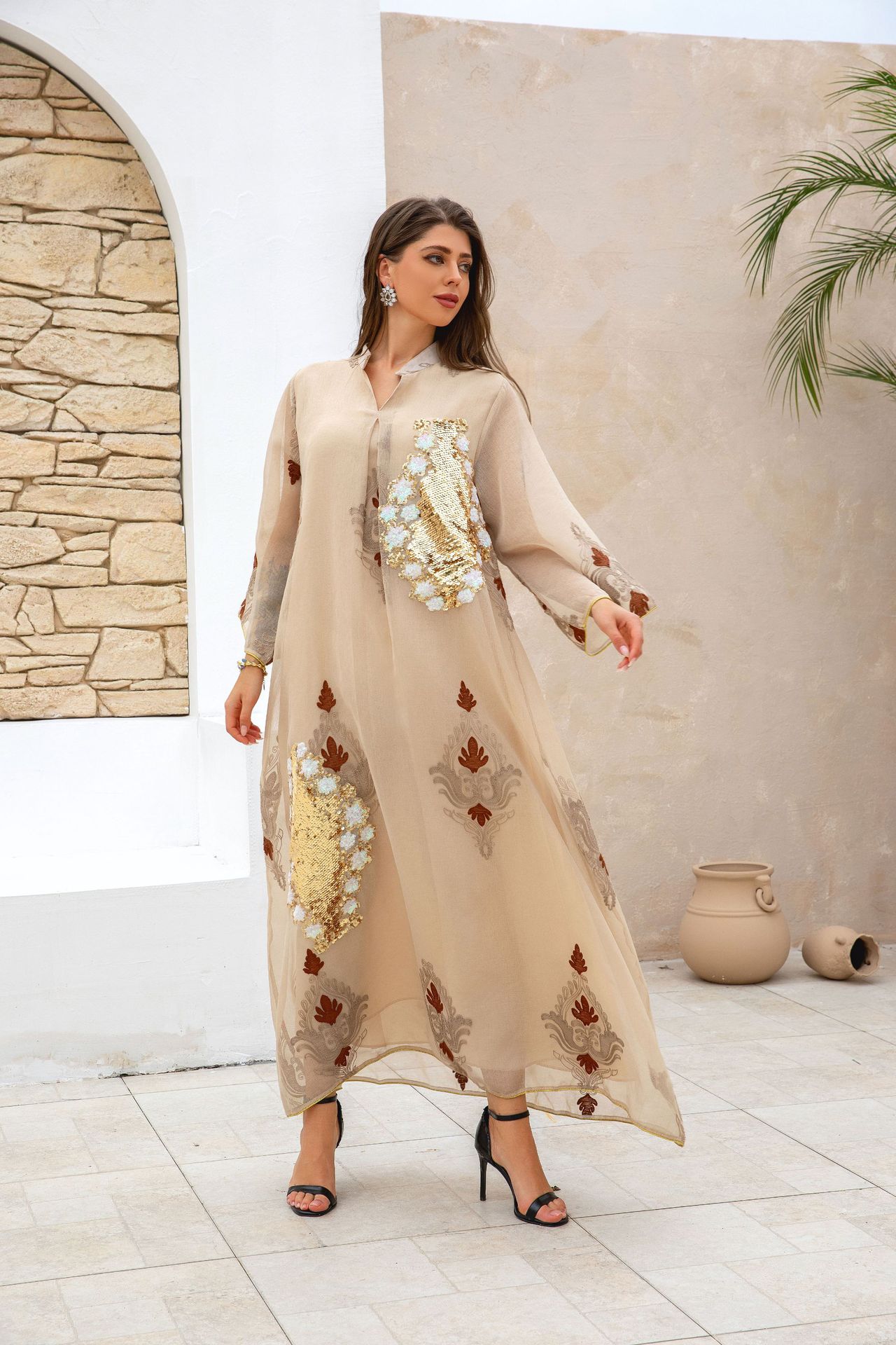 ZD044 Middle East Cross-border E-commerce Bestseller Women's Muslim Dress Sequin Embroidered Arab Robe_ecoleips.com
