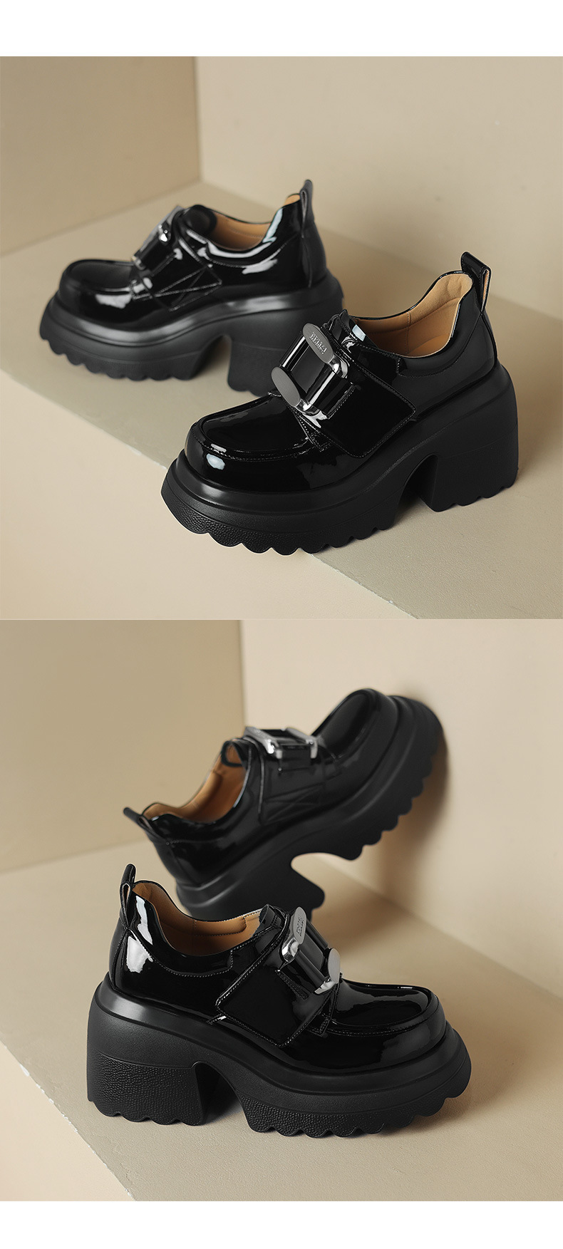 Giày loafer nữ đế xuồng platform phong cách Anh quốc, gót cao 6 cm, mũi tròn, quai ngang dán — Đen bóng, Be bóng chi tiết 13