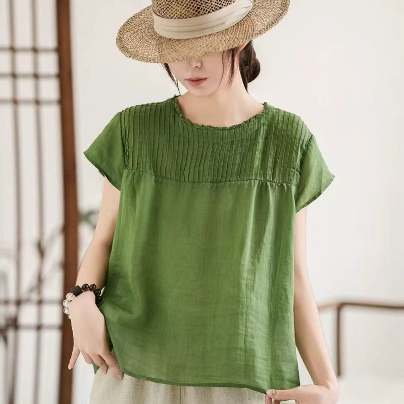 Lace Collar Short-Sleeved Shirt for Women 2026 Summer New Fashion Ramie Solid Color Youthful and Elegant Thin Top