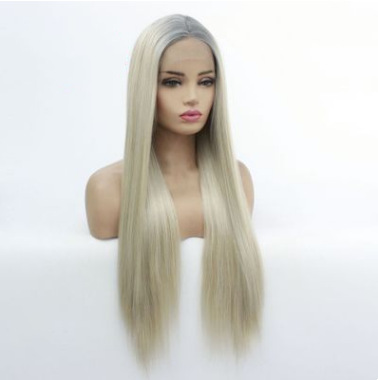 Peruca gris fibra química frente encaje rizado largo encaje europeo y americano cabello largo cubierta LW0282