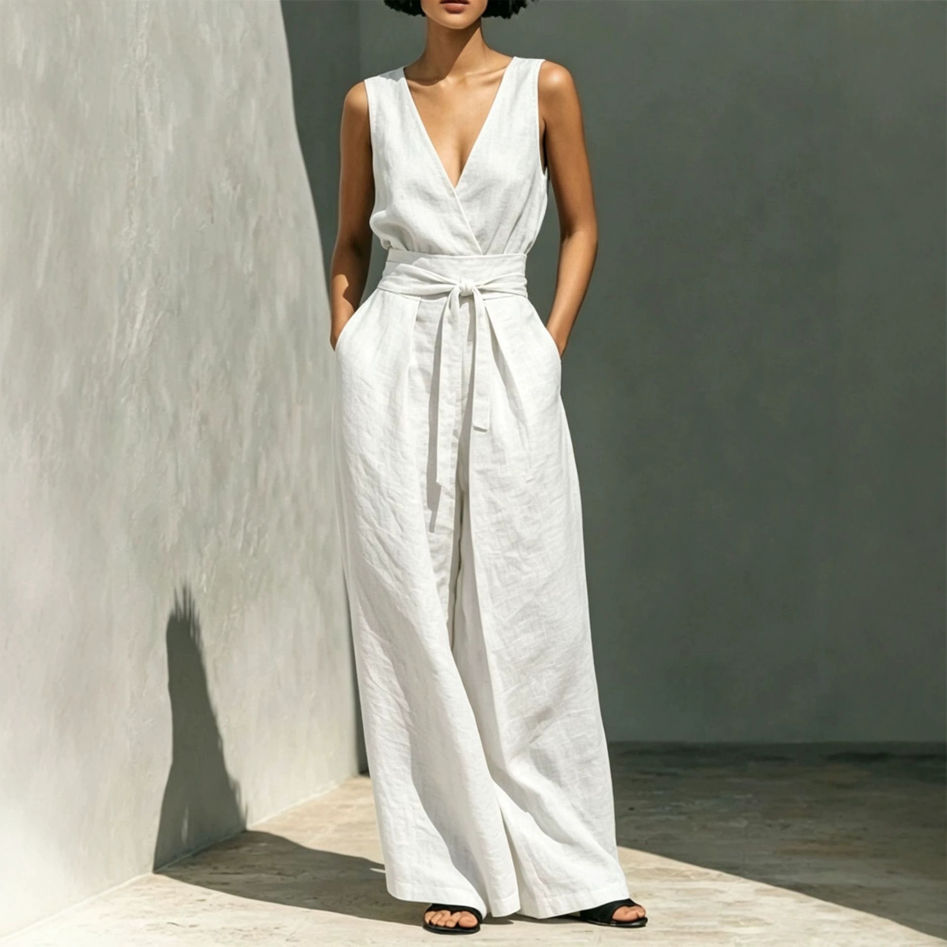 Women's Clothing Summer Fashion Casual Two Piece Set Sleeveless Vest High Waisted Wide Leg Pants For Women For Formal & Casual For Women_ecoleips.com