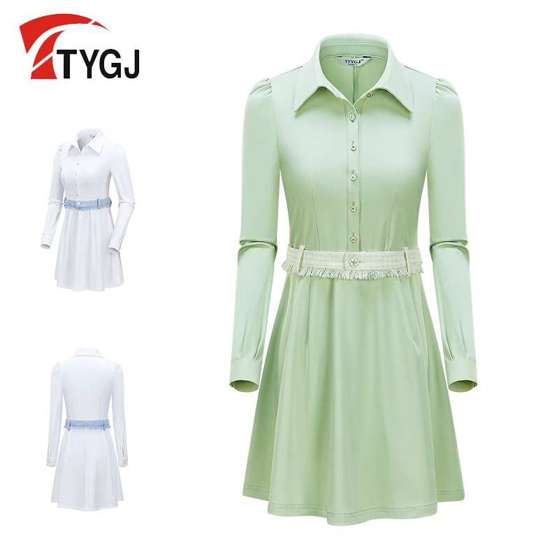 Golf Women's long-sleeved mid-length waist-tight elegant shirt high-grade Chanel style solid color shirt dress