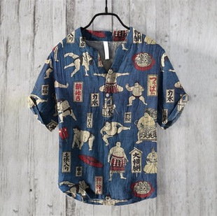 Cross-border AliExpress 3D Printed V-neck 3-button Pullover Short-sleeved Shirt Comfortable Slub Japanese Vintage Ukiyo-e