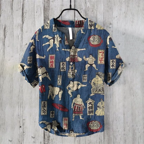 Трансграничный AliExpress 3D с принтом V-образным вырезом 3 пуговицы с короткими рукавами рубашка удобная бамбуковая конопля в стиле ретро укиё-э
