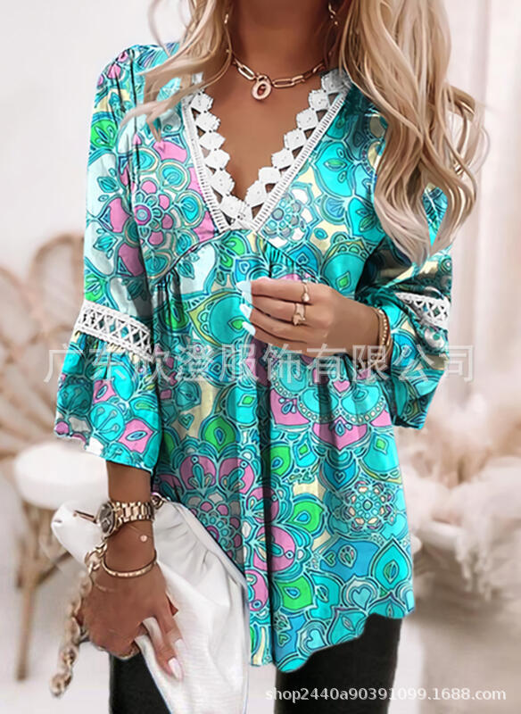 Spot New Printed Lace V Neck 3/4 Sleeve Casual Shirt Short Sleeve Loose Fit Casual Versatile