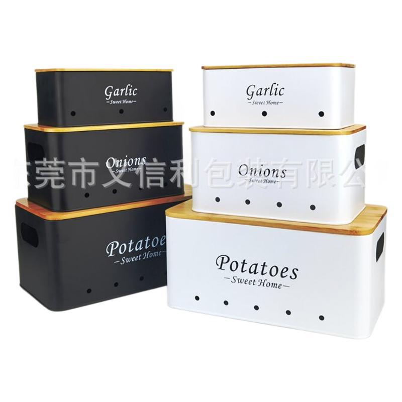 Amazon Tapa de bambú Tanque de almacenamiento blanco Patata Conservación transpirable Cocina Papas Cebolla Ajo Caja de almacenamiento de metal
