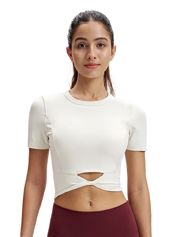 Camiseta de yoga delgada para mujer lulu dobladillo corto torcedura de manga corta sudadera de alto elástico con cordón umbilical top de ropa de fitness