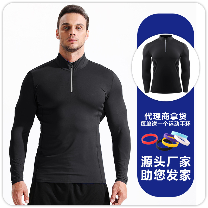 Otoño e invierno deportes de secado rápido ropa de entrenamiento de manga larga medias de cremallera de Baloncesto de los hombres corriendo la parte superior compresión elástica transpirable