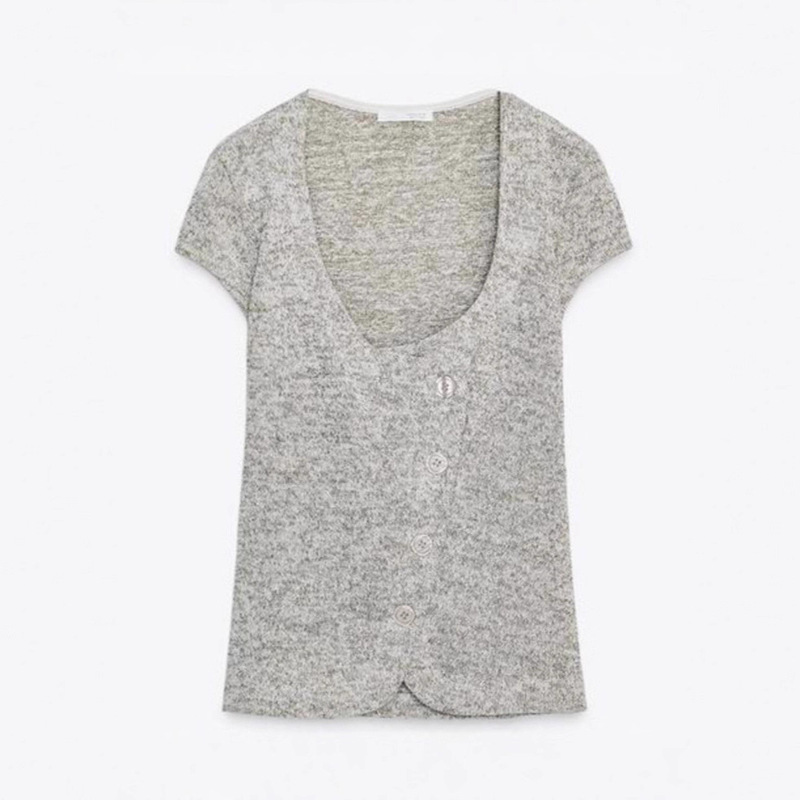 2025 Amazon Cross-Border European and American U-Neck Short-Sleeved T-Shirt Women's Summer New Pure Lust Sexy Slim Asymmetrical Top