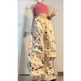 夏季高腰显瘦美式复古hiphop趣味涂鸦满印工装裤子女宽松束脚长裤