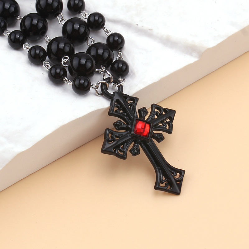 Collier avec pendentif en forme de croix et de perles pour Halloween, style punk hip-hop, personnalité sombre_voghion.com