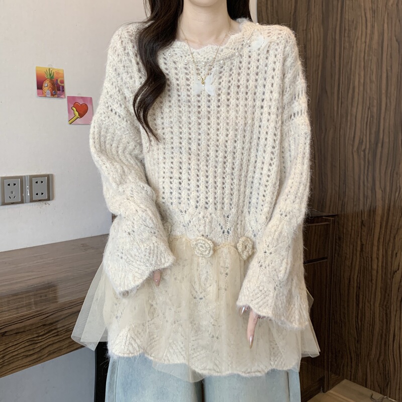 大码女装秋季新款胖妹妹针织时尚宽松显瘦加厚玫瑰蕾丝边上衣|undefined