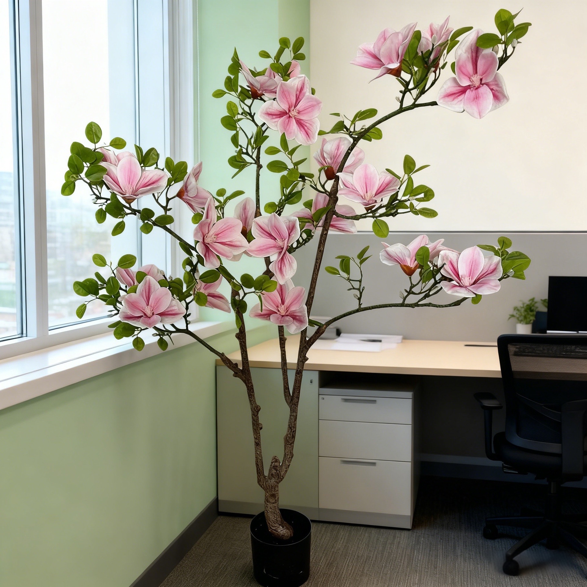 高档仿真花粉花玉兰树盆栽装饰客厅餐桌落地假花树厂家直销批发
