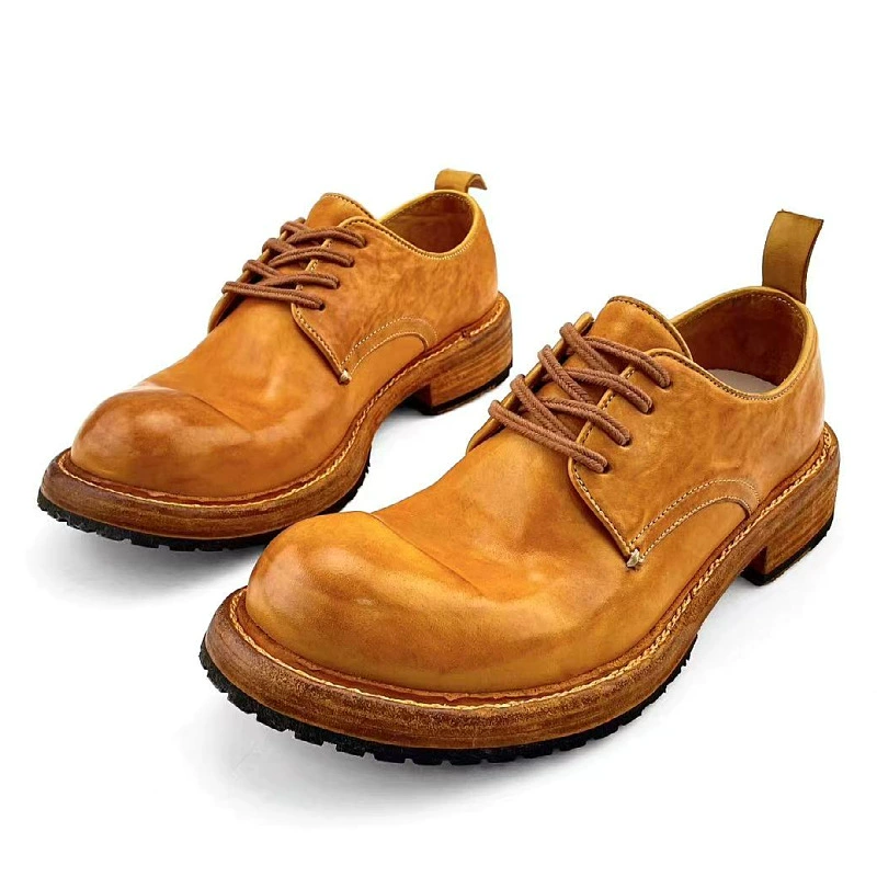 Кожаные туфли Goodyear, мужские ретро потертые рабочие туфли, модные туфли на толстой подошве с большим носком, мужские туфли ручной работы из мытой конской кожи
