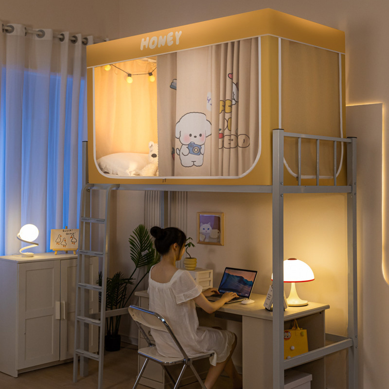 Cortina de cama gruesa de protección de luz fuerte para dormitorio de estudiantes con mosquiteros superiores e inferiores