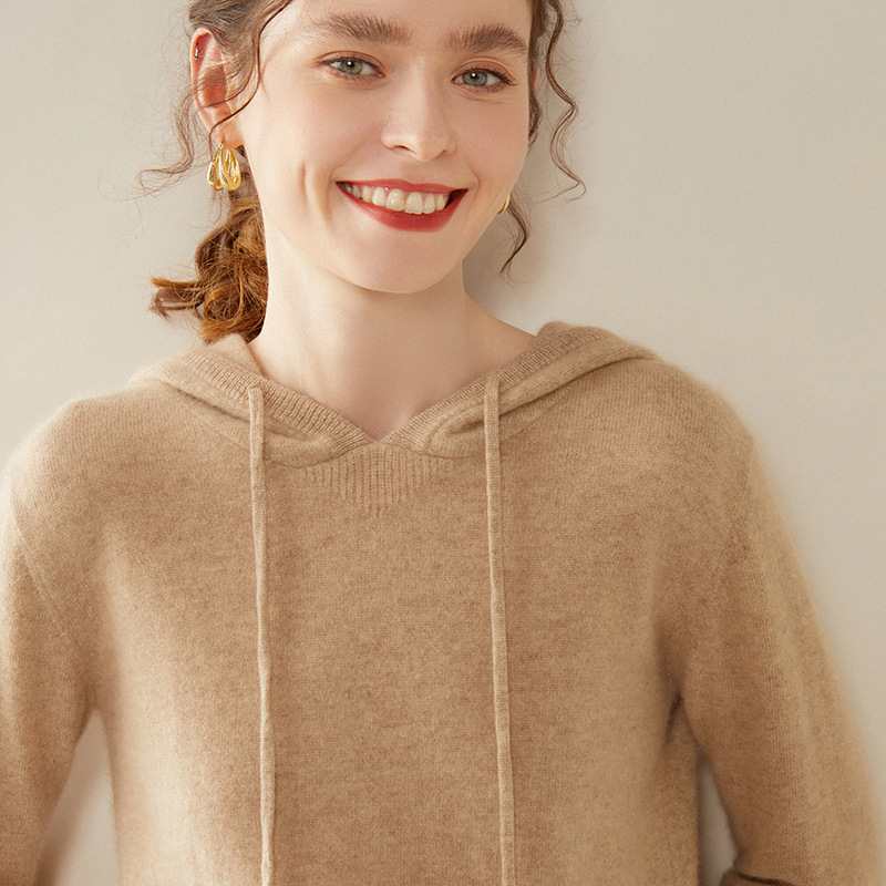 Cashmere Hoodie Women's Pure Color Autumn and Winter Loose Hooded Sweater Cashmere Knitted Bottoming Sweater with Hood to Reduce Age