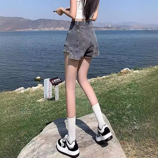 High waist Denim culottes women's summer thin 2024 new fake two-piece small pantskirt slimming A- line shorts