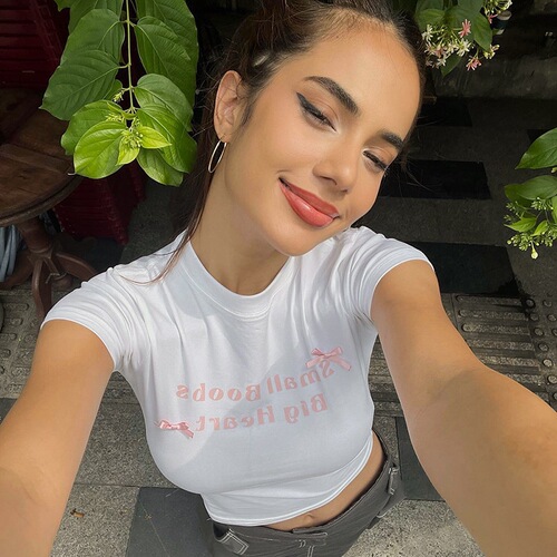 Printed round neck top fashionable printed round neck short sleeve crop top T-shirt for women