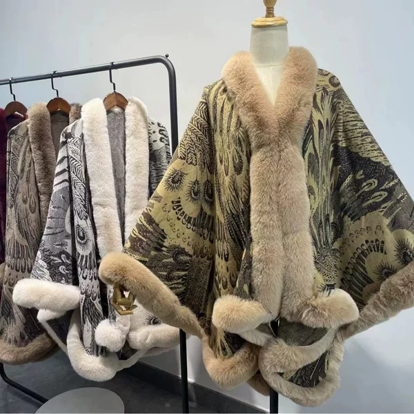 Direct from the Manufacturer: European and American Cross-Border Peacock Jacquard Cape for Women, Faux Fur Trim, V-Neck Cardigan Shawl, Autumn and Winter Shawl
