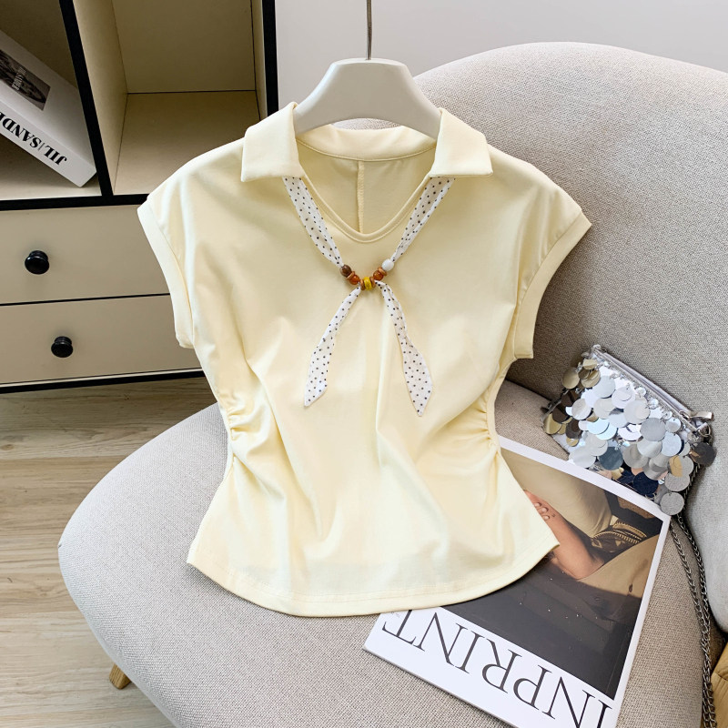 Áo thun polo nữ tay ngắn cổ bẻ kèm khăn lụa phong cách Pháp — màu trắng chi tiết 18