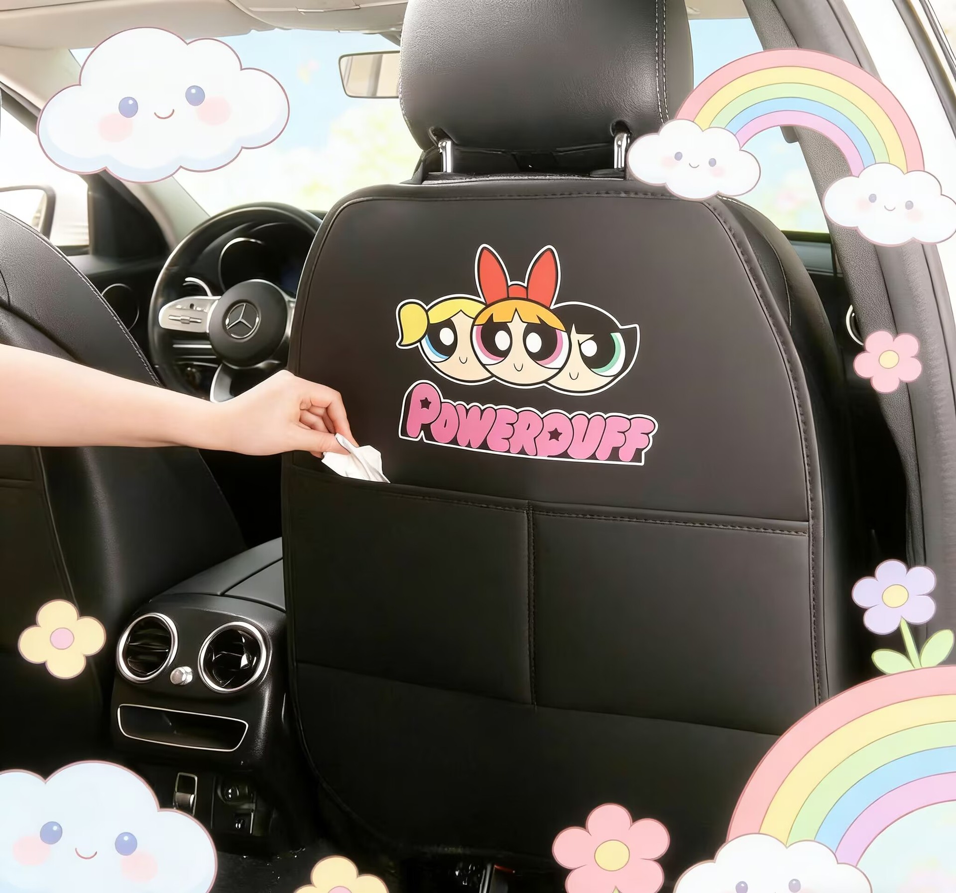 Powerpuff Girls Cute Cartoon Car Seat Back Anti-Kick Pad, Car Rear Seat Anti-Dirt Pad with Storage Bag