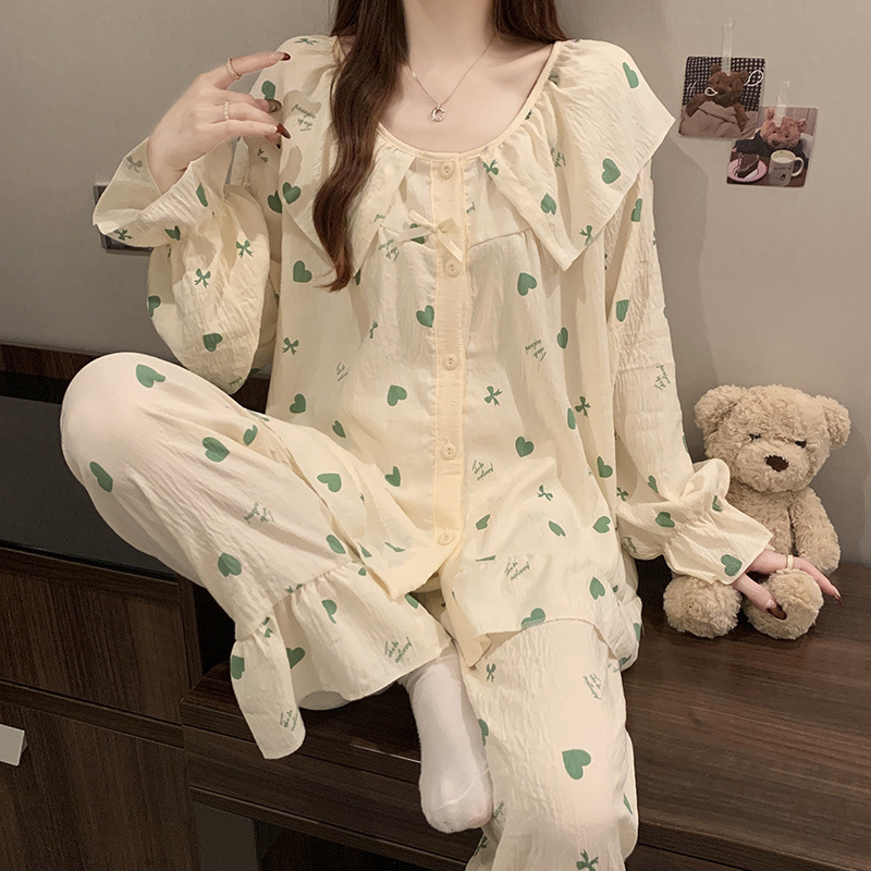 ベビードール襟パジャマ女性の春と秋の長袖 E スイートプリンセス花綿糸ホームウェア|undefined