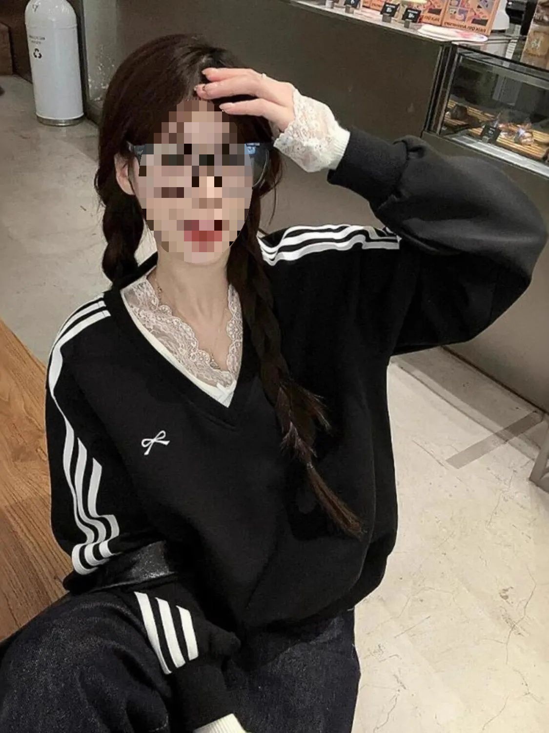 假两件正肩黑色卫衣春秋新款外套美式v领无帽宽松设计感长袖上衣