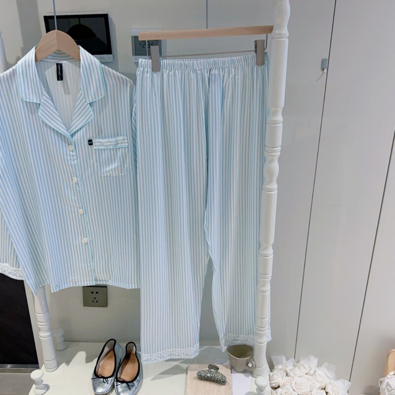 Yase [Sea Salt Mint] 2025 New Spring and Autumn Women's Korean Style Lazy Pleated Vertical Stripes Casual Home Clothes