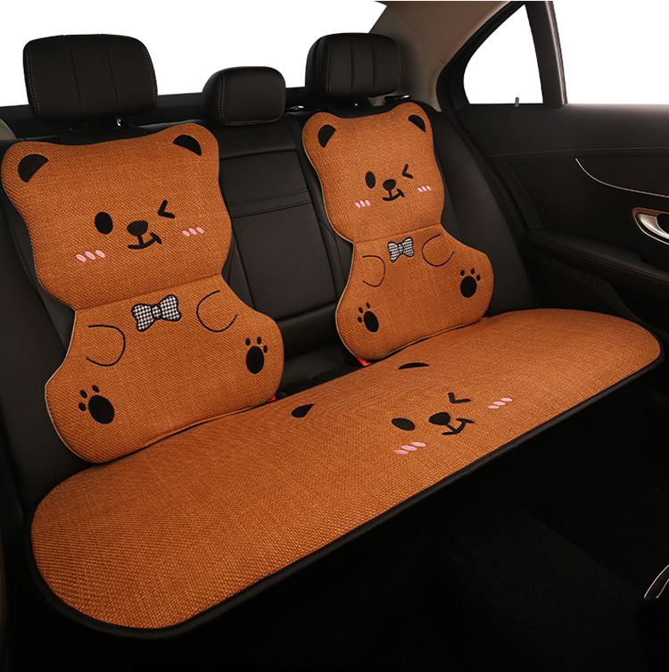 Car Seat Cushion Bear Cartoon Four-Season Universal Non-Slip Anti-Dirt Linen Seat Cover Protective Cover Full-Cover Linen Cartoon