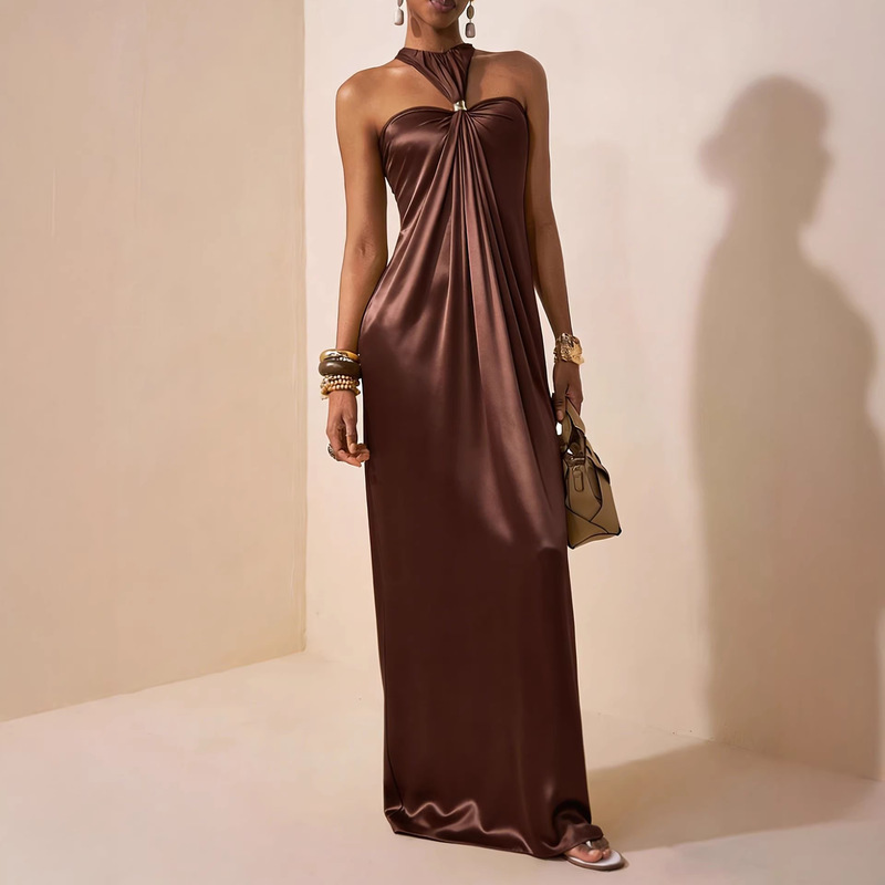 European and American Cross-Border 2026 Summer Halter Neck Backless Satin Evening Dress High-End Party Sexy Bridesmaid Long Dress