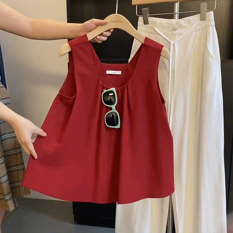 [Hawaii Hot Love] Простой плиссированный жилет без рукавов в корейском стиле с квадратным воротником для женщин, летний верхний короткий топ