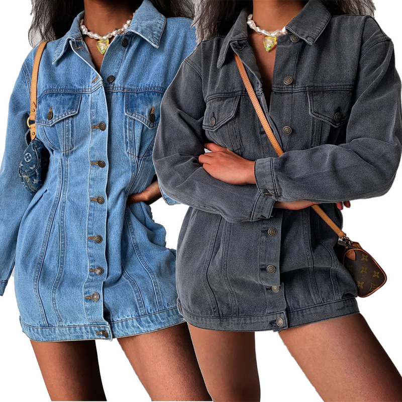 2026 European and American Spring and Autumn New Cross-Border Slim-Fit Pleated Long-Sleeve Denim Jumpsuit Mid-Length Jacket