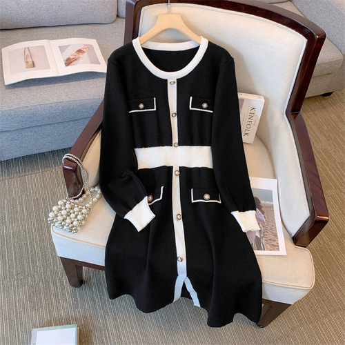 Large size women's clothing autumn and winter new French knitted dress, chanel style all-matching slimming sweater skirt