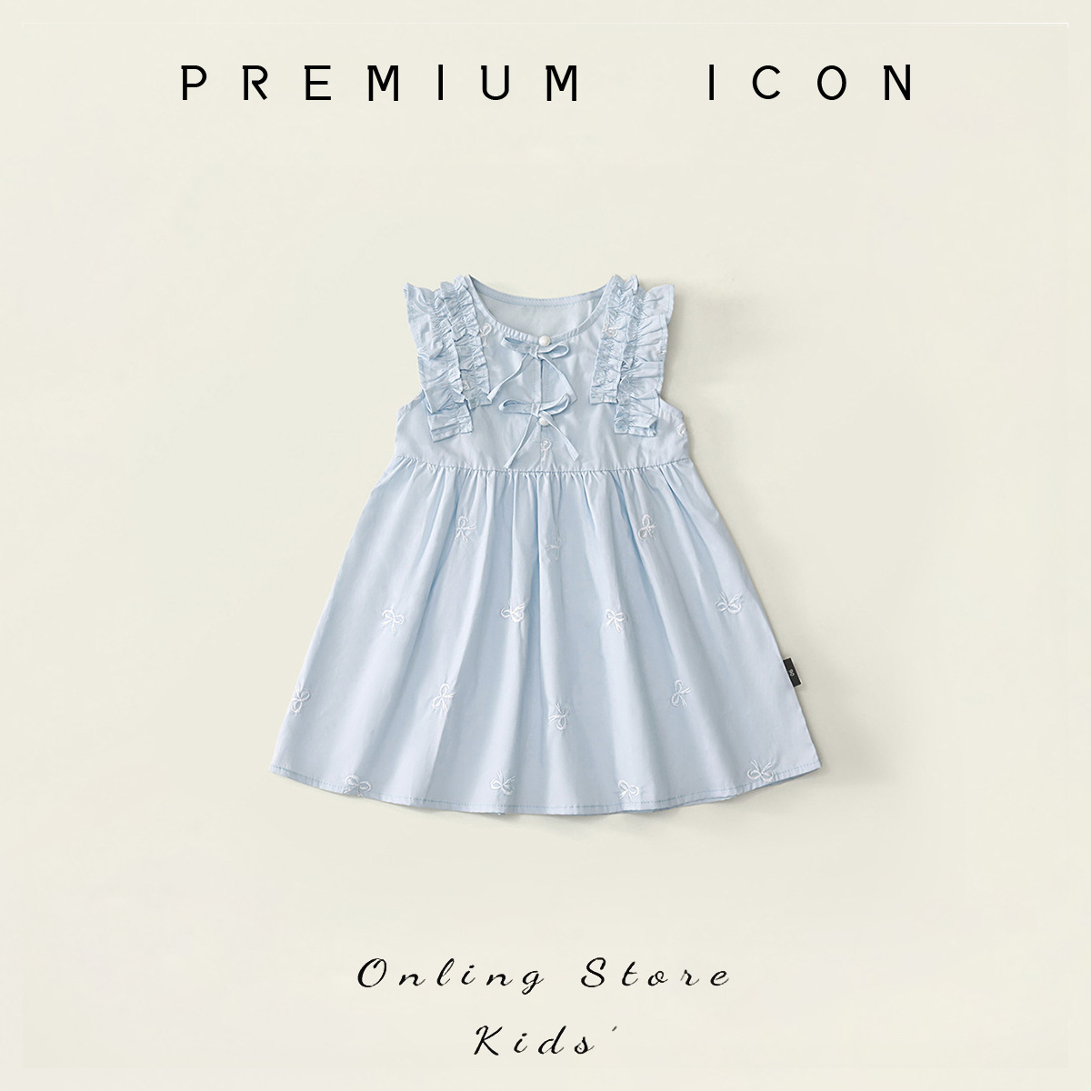 Girls' Blue Ruffled Fleece Vest Dress, 2026 Summer New Style, Elegant Girls' Dress with Bow Embroidery