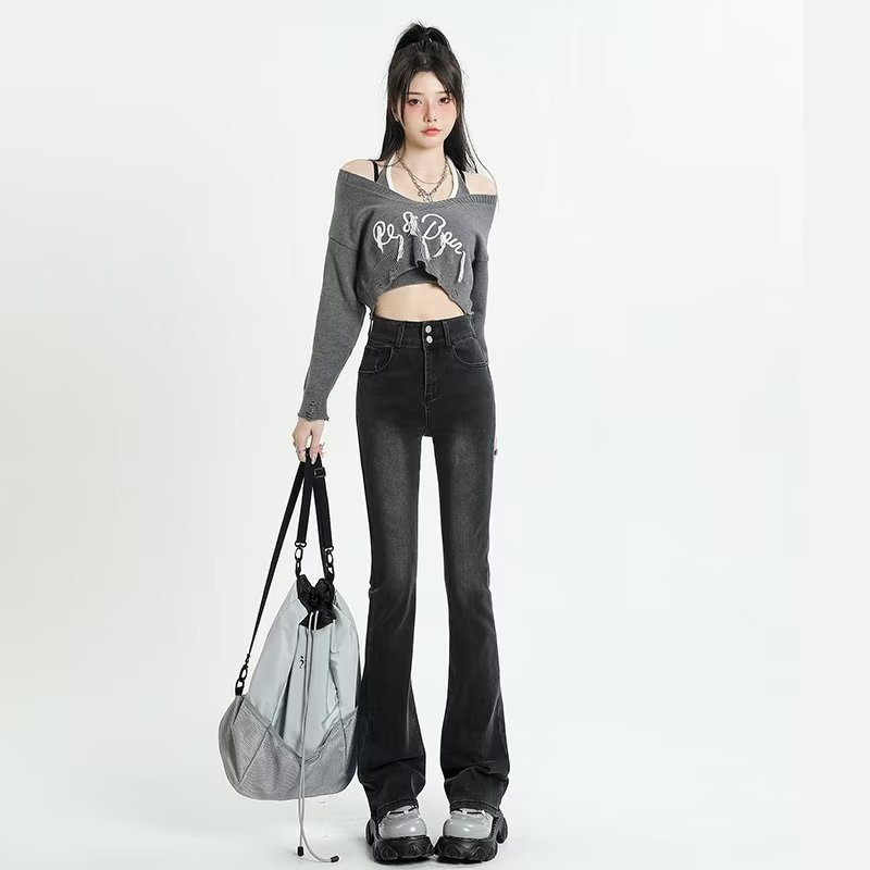 American-style retro micro flared jeans women's summer small high waist hot girl design sense mop horseshoe pants fashion