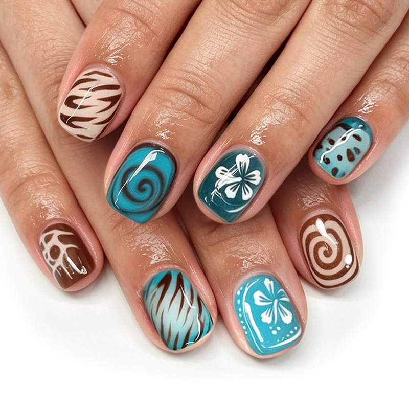 Short, glossy, square-shaped nail tips, European and American style, Y2K, blue and brown color-blocked, retro spiral zebra pattern, floral design, 24 pieces Short, glossy, square-shaped nail tips, European and American style, Y2K, blue and brown color-blocked, retro spiral zebra pattern, floral design, 24 pieces
