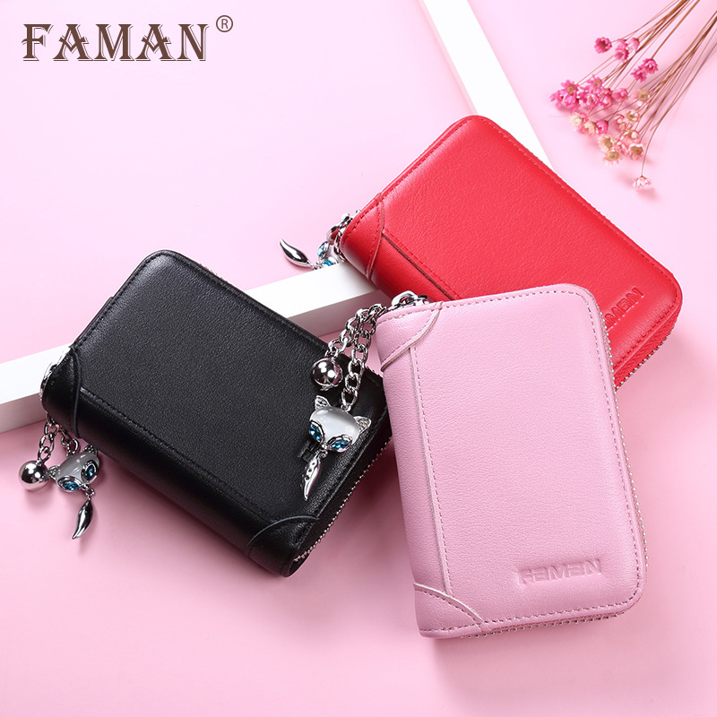 Funda para tarjeta de visita con cremallera de cuero para múltiples tarjetas de faman/Feiman para mujer, funda para tarjeta de crédito, tarjetero de piel de vaca, tarjetero coreano