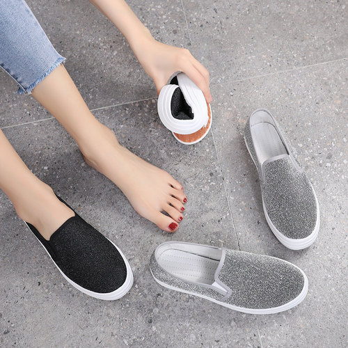 Spring and autumn old Beijing cloth shoes women's single-layer shoes flat casual shoes Korean breathable slip-on canvas shoes women's skate shoes