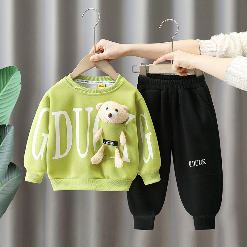6151 Little Yellow Duck Boy Traje de otoño 2025 Nuevo estilo estilo occidental Suéter de bebé Traje de dos piezas de primavera y otoño para niños
