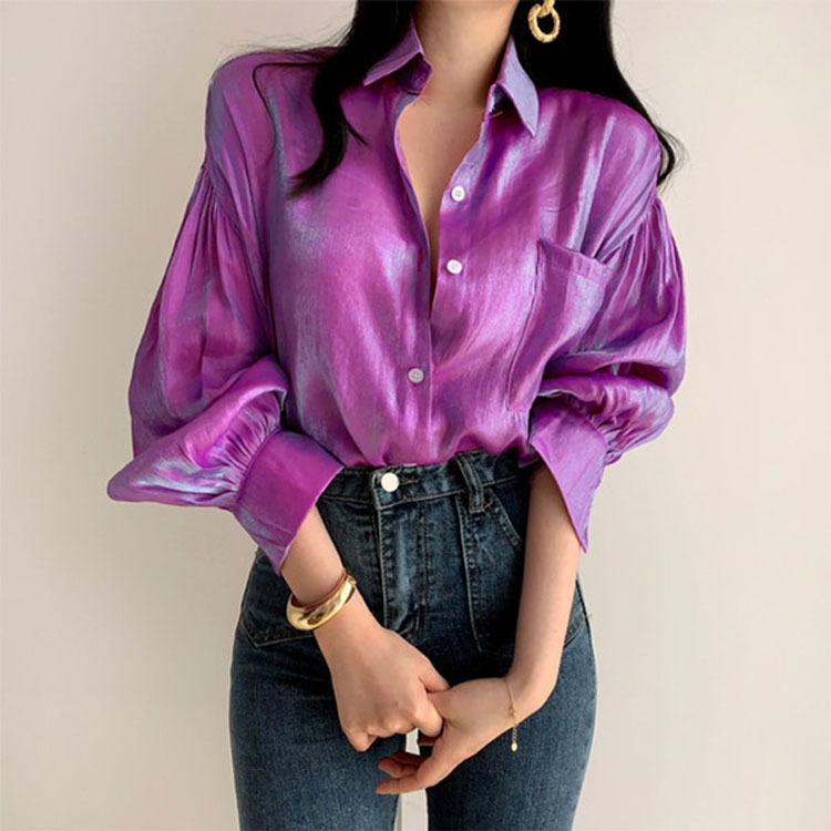 Button Purple Gray Lapel Pocket Lantern Sleeve Long-sleeved Shirt Women