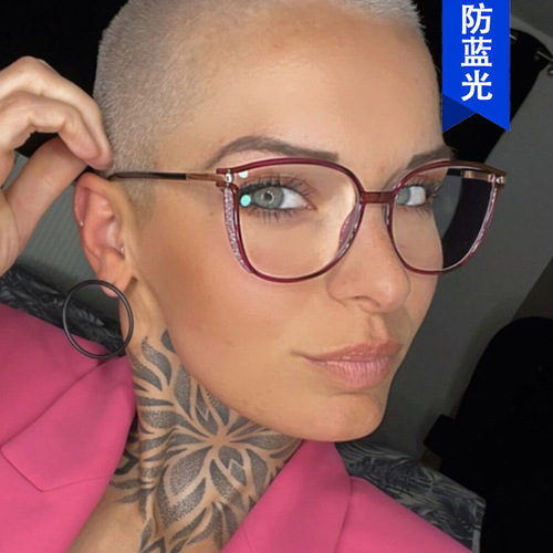 Glitter cat-eye flat mirror anti-blue light glasses frame fashionable ladies European and American cross-border can be equipped with myopia concave shape