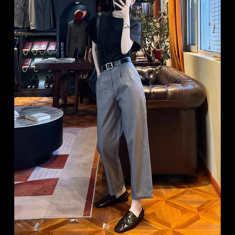 Ready Stock to Wear and Modify the Leg Shape! Casual Gray Nine-Point Pants High-Waisted Loose Tapered Pants for Women