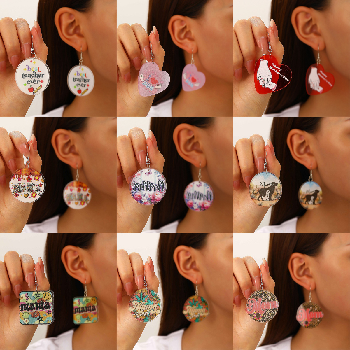 Boucles d'oreilles en acrylique avec lettres colorées de campagne MAMA, cadeau pour la fête des mères et des enseignants_voghion.com