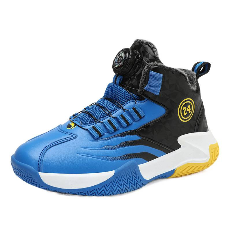 Zapatos de baloncesto para niños otoño y invierno nuevos niños rojos cuero botón giratorio para niños grandes y zapatos deportivos de algodón