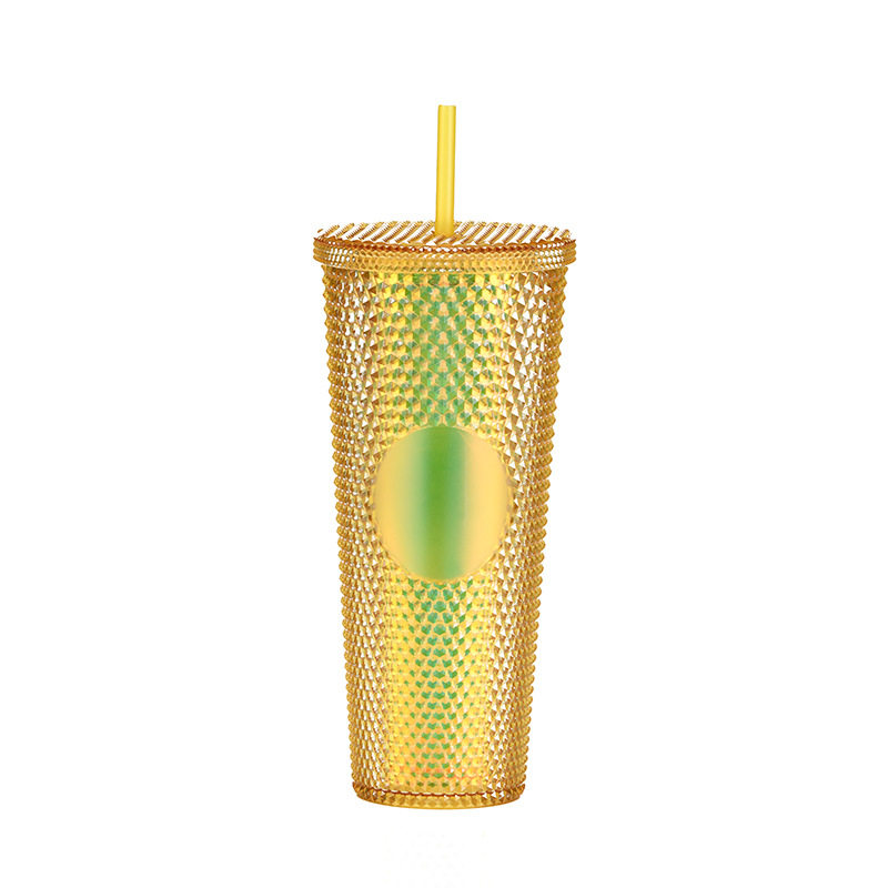Suministro directo de fábrica de doble capa de paja de plástico taza de gran capacidad creativa 710ml taza Durian taza de mano portátil taza de diamante