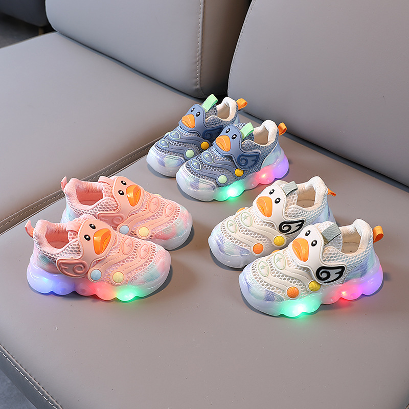 2025 summer single net toddler shoes LED flashing light 1-3 years old baby sneaker soft bottom non-slip girl casual