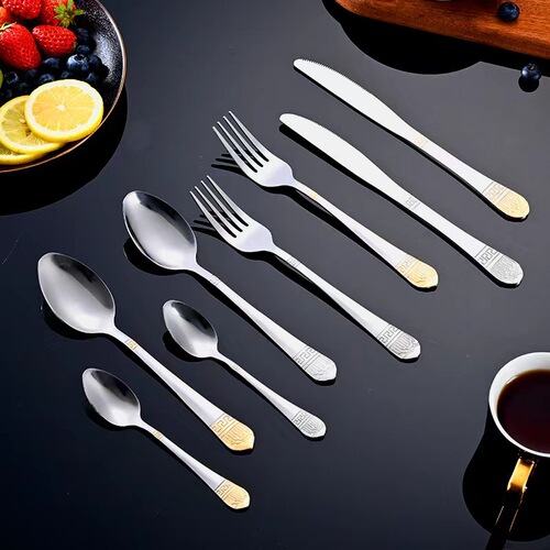 Cross-border stainless steel tableware spoons and forks, antique gold-plated Western-style knife and fork set, hotel steak knife and fork set, wholesale