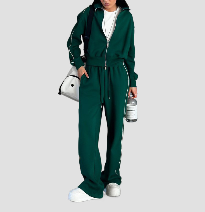 Cross-Border Casual Fashion European And American Style Women's Zipper Cardigan Jacket Sports Drawstring Pants_ecoleips.com