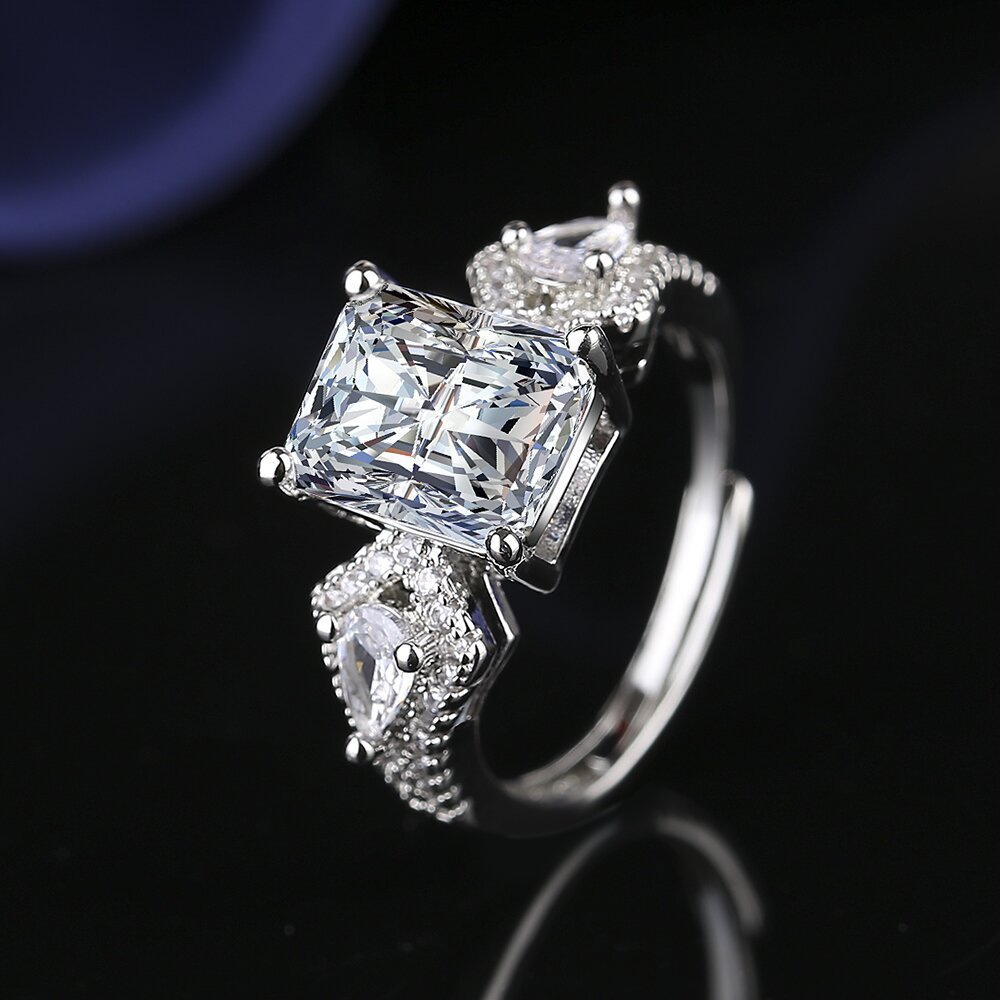 European and American Live Selling Women's Square Diamond 925-plated Sterling Silver Zircon Ring Women's High Carbon Diamond Silver Ring Engagement Diamond Ring