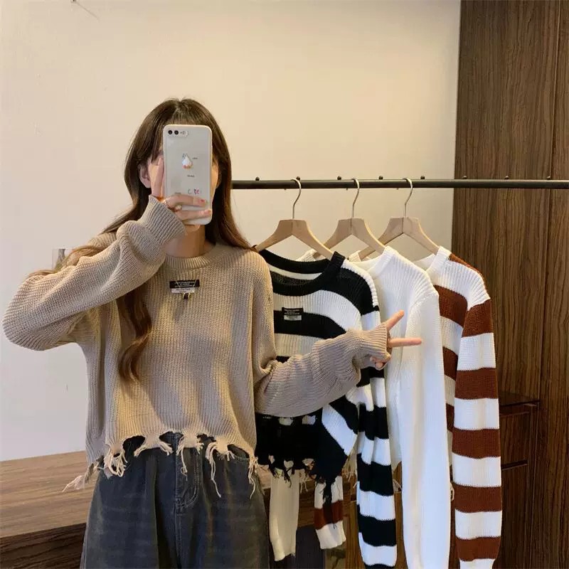 2026 Autumn/Winter New Korean Style Loose Striped Irregular Ripped Casual Round Neck Knit Sweater Top